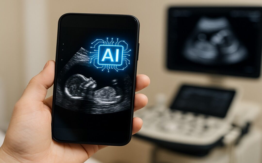 Smartphone mostrando una ecografía fetal junto a un ícono de inteligencia artificial, simbolizando el uso de apps de IA para interpretar ecografías.