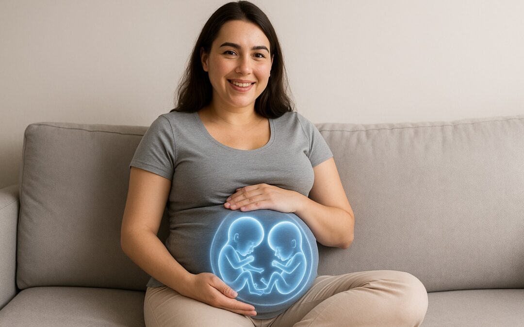 Mujer embarazada sentada con visión ecográfica ilustrada mostrando dos fetos, imagen realista sobre embarazo gemelar.