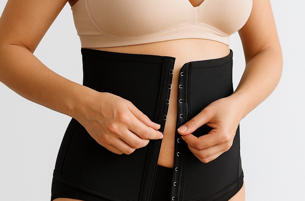 Mujer ajustando una faja posparto negra en un entorno clínico realista, sin mostrar el rostro.