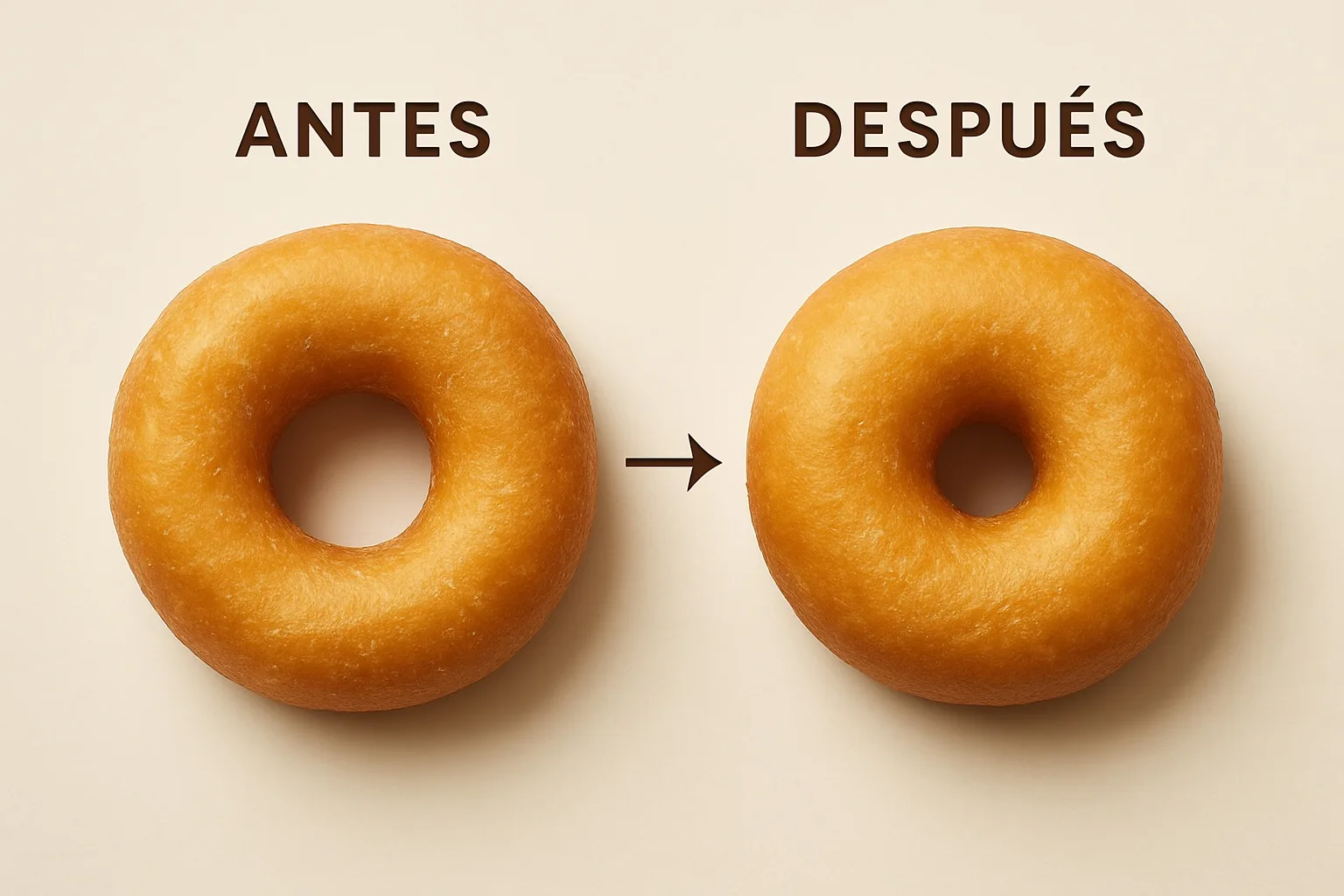 Comparación del efecto del tensado vaginal con láser ilustrado con dos donas realistas: una con orificio grande (antes) y otra con orificio más pequeño (después).