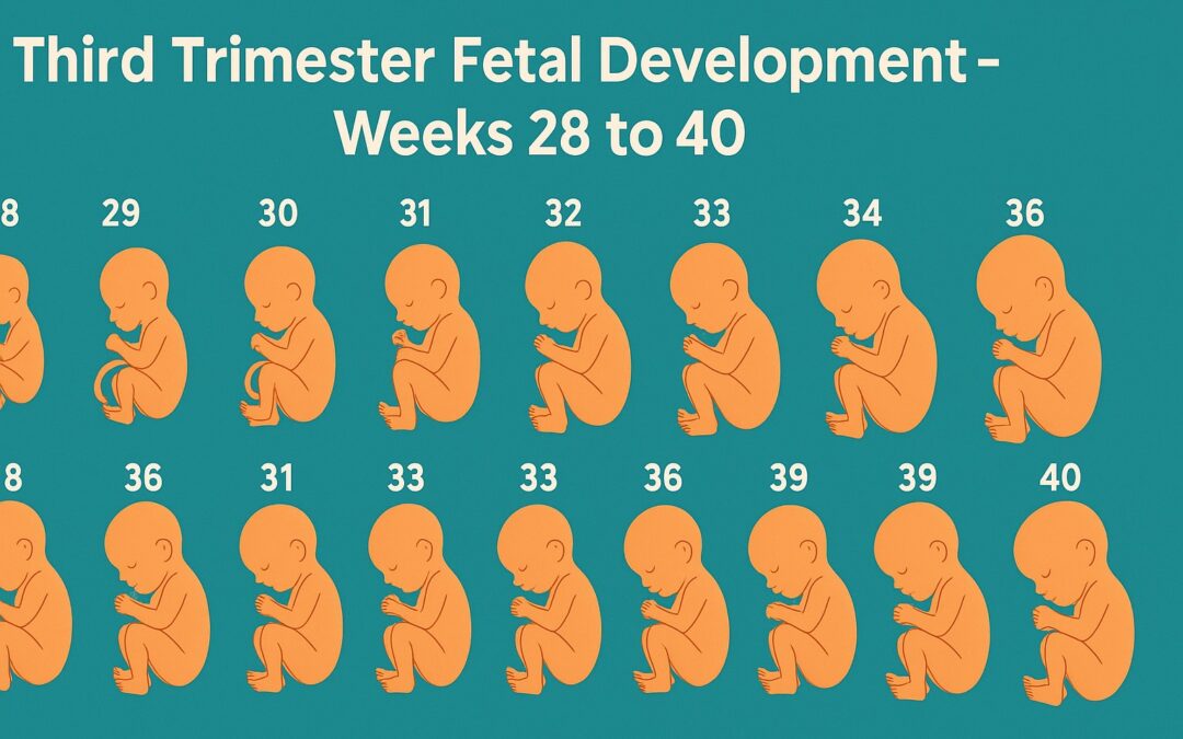 Ilustración del desarrollo fetal del tercer trimestre, mostrando semana a semana el crecimiento del bebé desde la semana 28 hasta la 40 en estilo gráfico educativo.