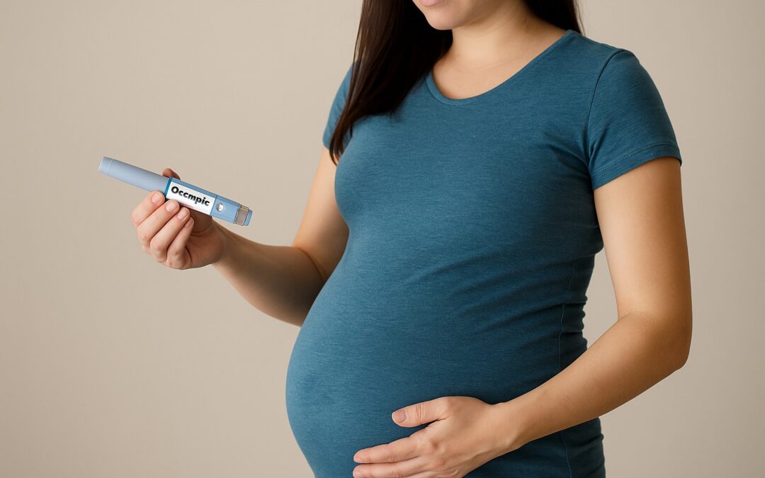 Mujer embarazada sosteniendo un dispositivo tipo Ozempic, ilustrando el impacto del rebote metabólico durante el embarazo.