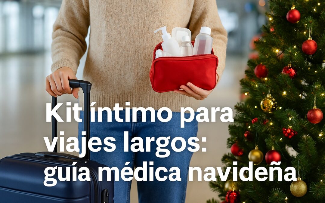 Mujer sosteniendo un neceser rojo con productos íntimos en un aeropuerto decorado con árbol de Navidad, representando un kit íntimo recomendado para viajes largos.