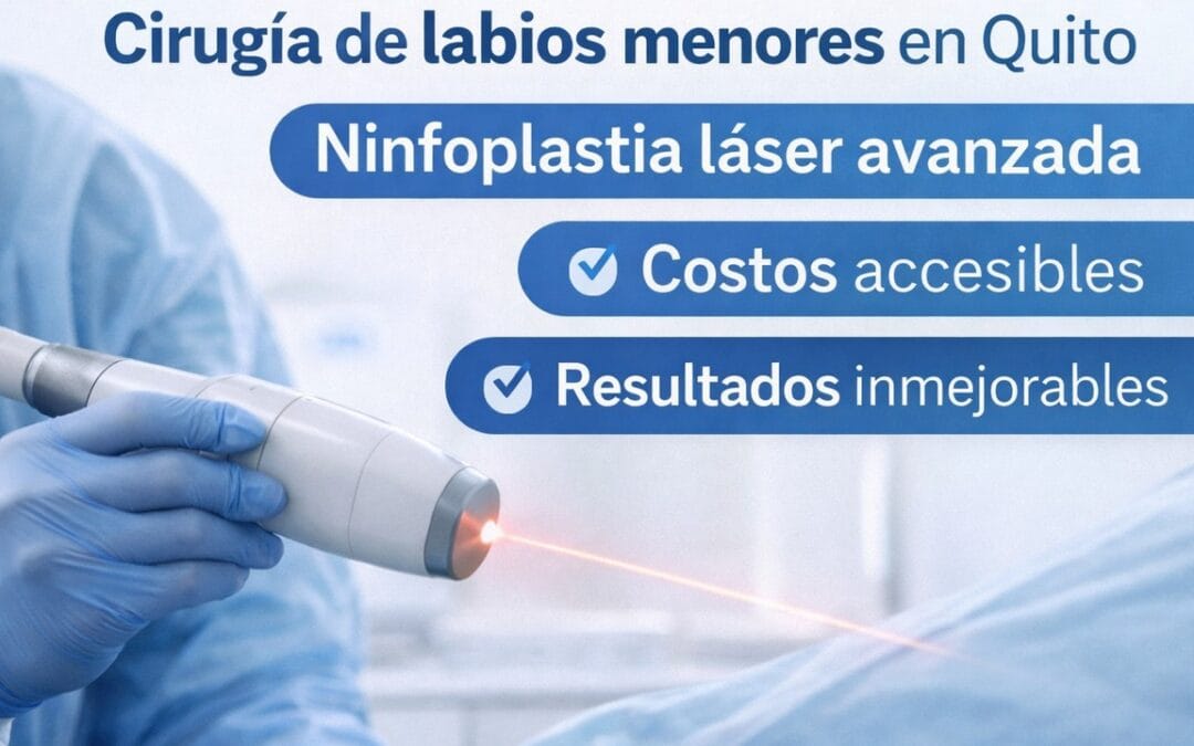 Imagen promocional de ninfoplastia láser en Quito: mano con guantes sosteniendo equipo láser y texto “cirugía de labios menores” con beneficios.