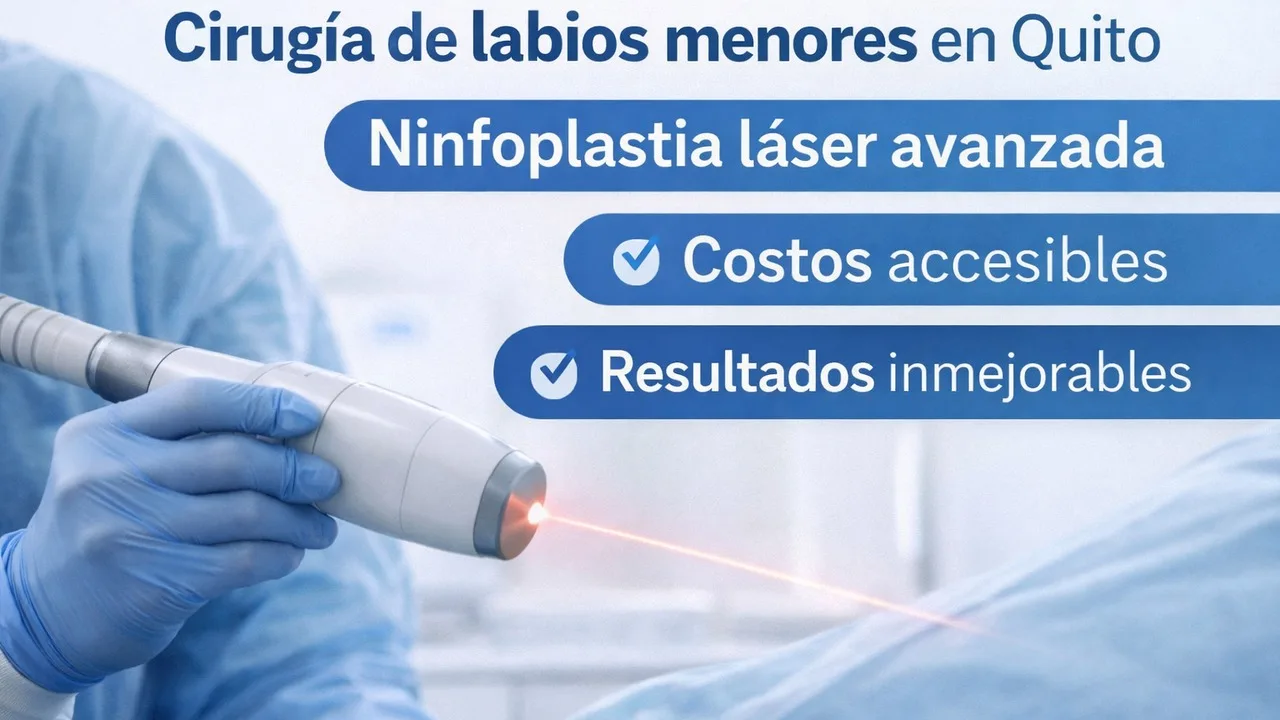 Imagen promocional de ninfoplastia láser en Quito: mano con guantes sosteniendo equipo láser y texto “cirugía de labios menores” con beneficios.