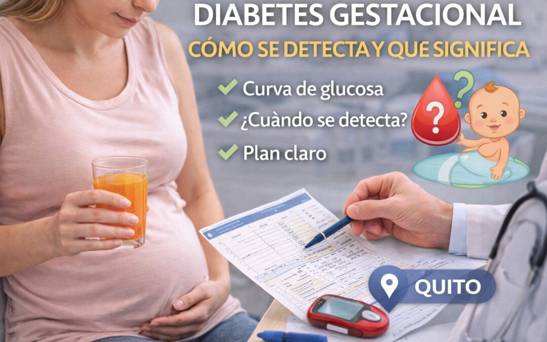 Embarazada en consulta sosteniendo bebida de glucosa mientras revisa resultados con el médico; se ve un glucómetro y texto “Diabetes gestacional: cómo se detecta y qué significa”, con puntos “Curva de glucosa”, “¿Cuándo se detecta?” y “Plan claro”, y etiqueta “Quito”.