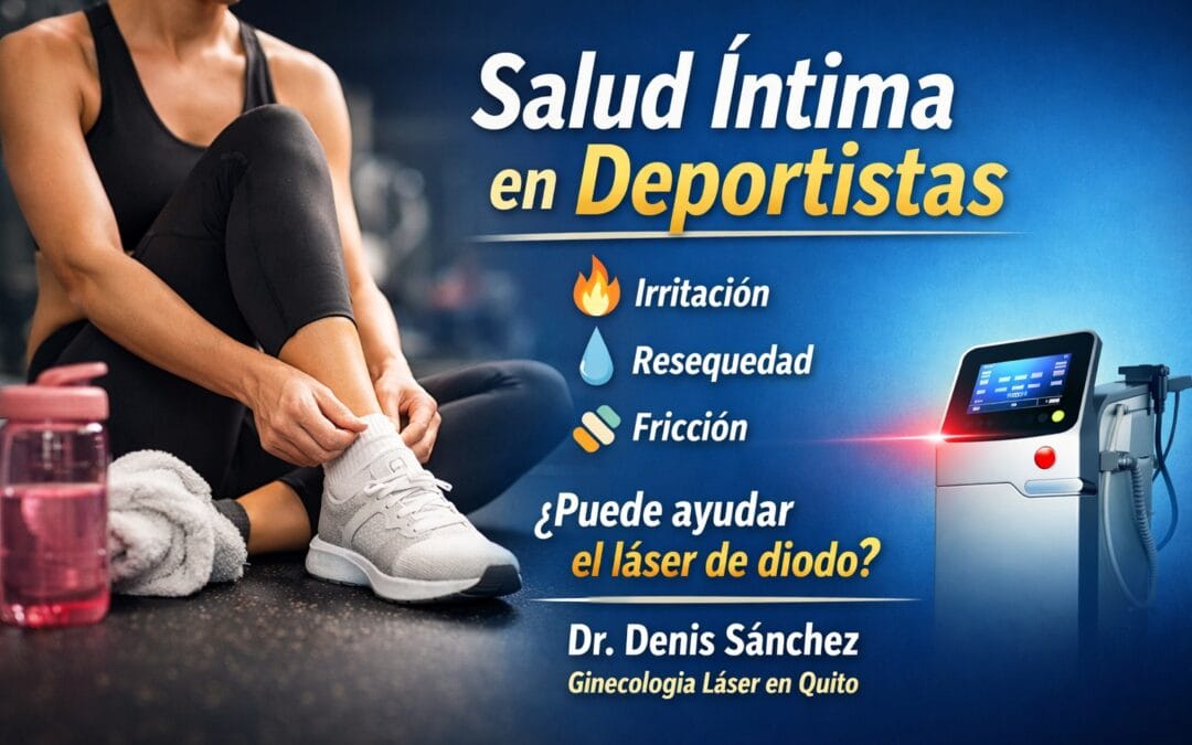 Mujer deportista ajustando su zapatilla en un gimnasio con texto “Salud íntima en deportistas” y referencia a irritación, resequedad y fricción; equipo de láser de diodo al lado.