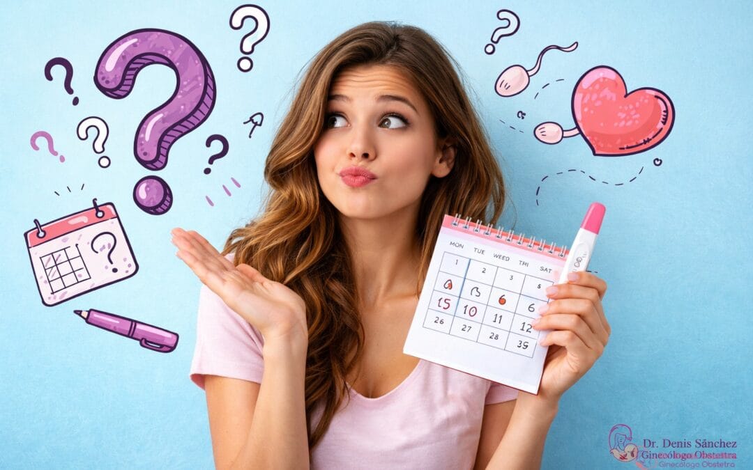 Mujer con gesto divertido de duda sosteniendo un calendario y una prueba de embarazo, con doodles de signos de pregunta alrededor, para ilustrar una calculadora de embarazo por fecha de concepción.