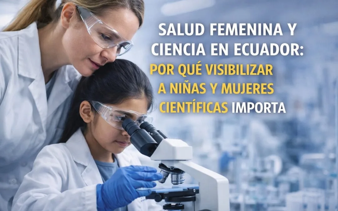 Imagen destacada sobre salud femenina y ciencia en Ecuador, con una científica y una niña usando microscopio en laboratorio para representar la importancia de visibilizar a niñas y mujeres científicas.