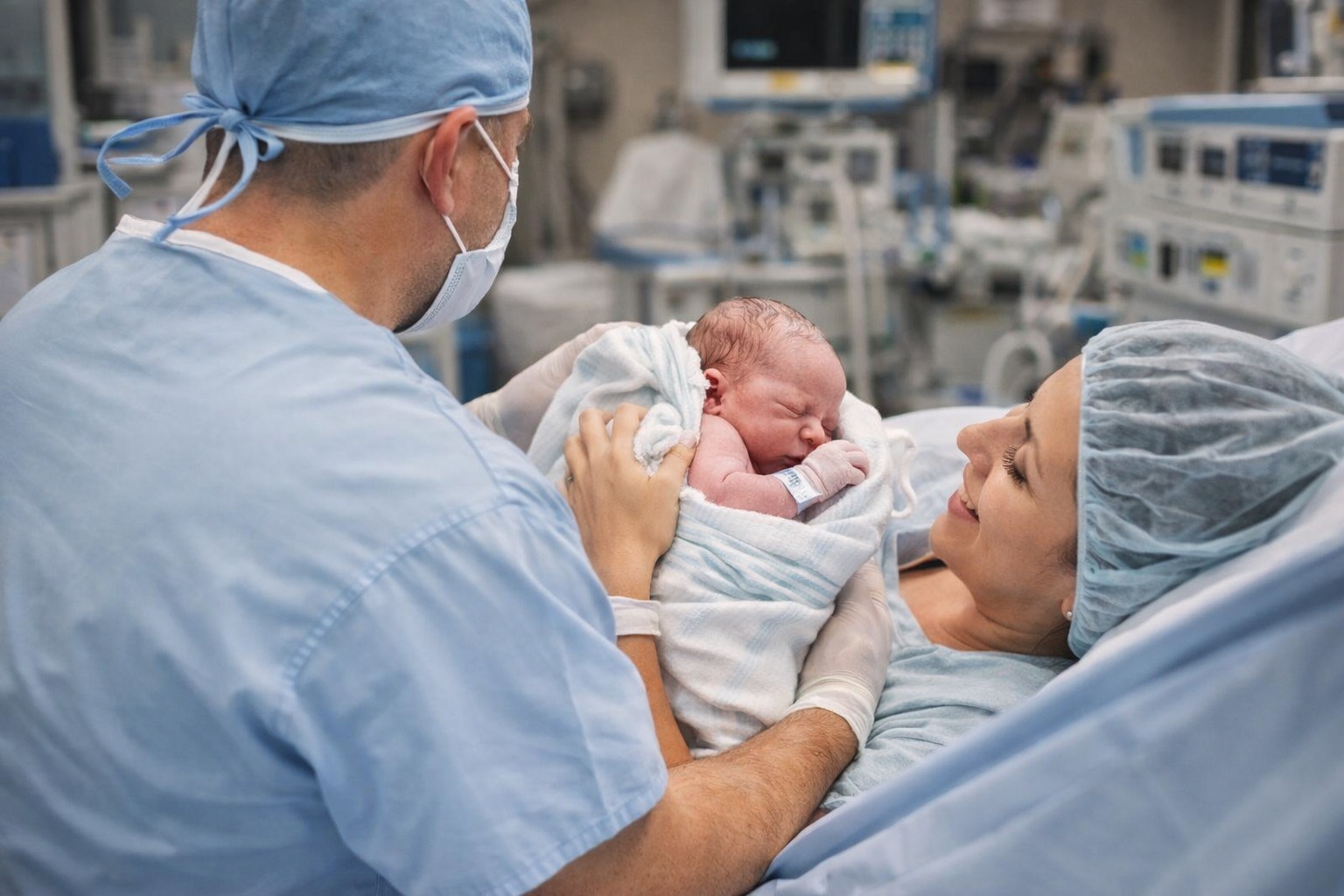 Médico obstetra en quirófano entrega al recién nacido a su madre tras el nacimiento, en una escena emocional y profesional de atención obstétrica en Quito.
