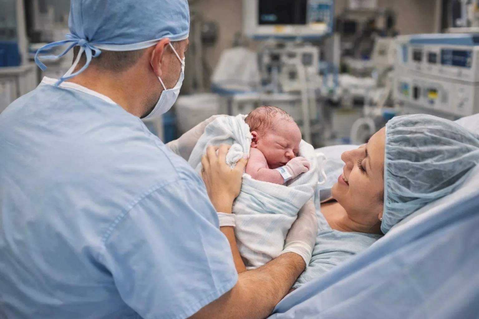Médico obstetra en quirófano entrega al recién nacido a su madre tras el nacimiento, en una escena emocional y profesional de atención obstétrica en Quito.