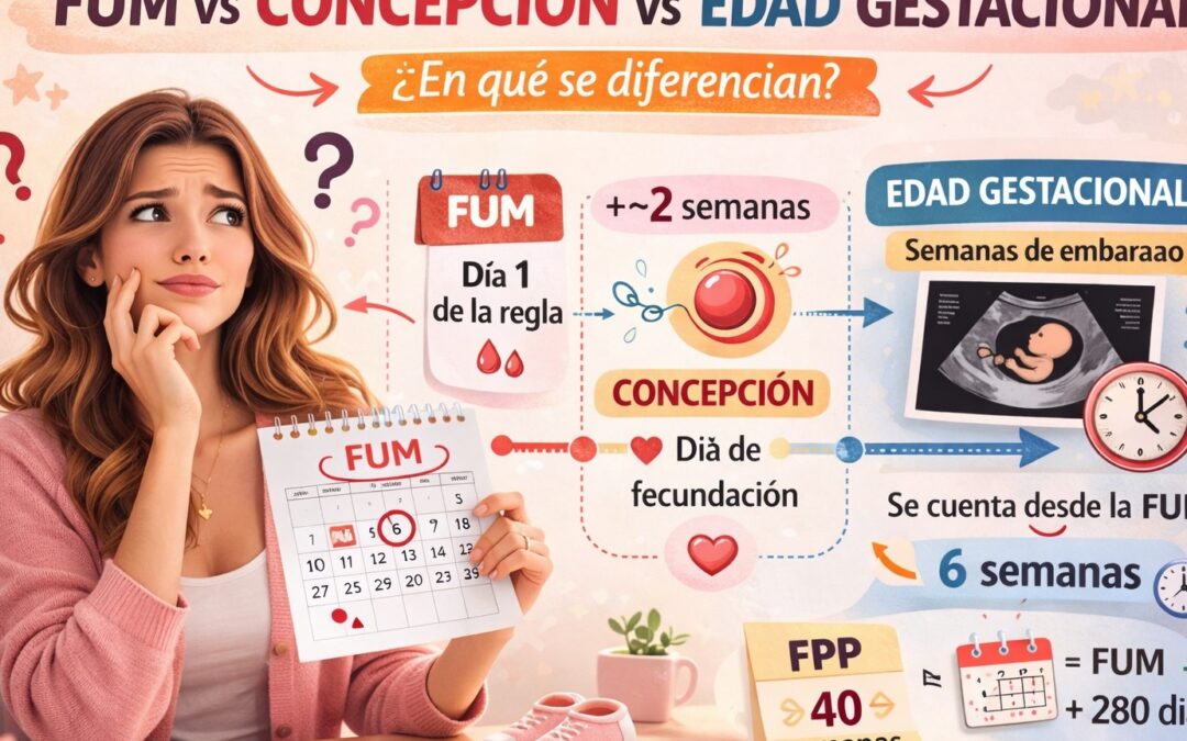Mujer realista y pensativa sosteniendo un calendario, con infografía que explica FUM, concepción y edad gestacional en una línea de tiempo, con “Dr. Denis Sánchez” al pie.