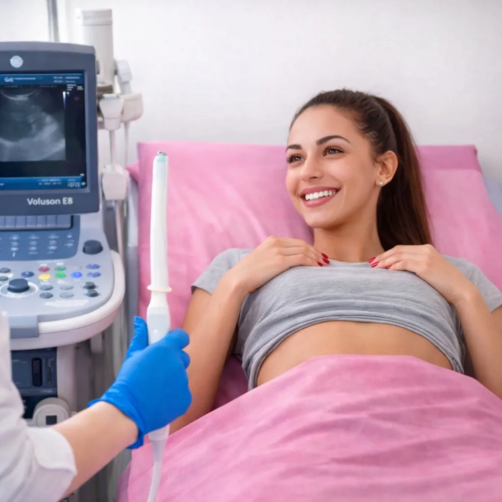 Paciente sonriendo durante una ecografía transvaginal en consultorio ginecológico con ecógrafo tipo GE Voluson E8 y sábana rosada en ambiente clínico moderno.