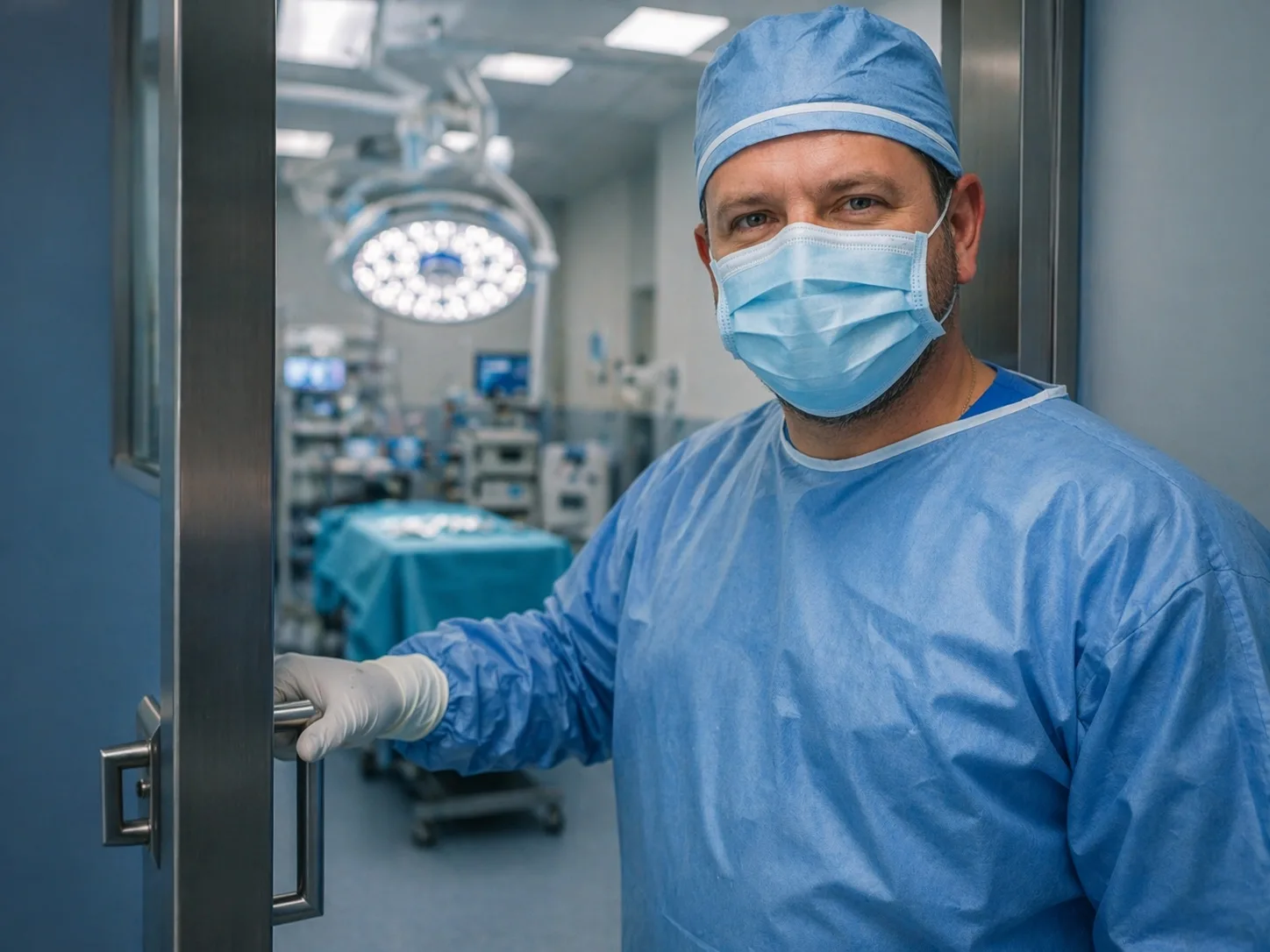 Cirugía ginecológica en Quito – Dr. Denis Sánchez Cirujano con características del Dr. Denis Sánchez en la puerta del quirófano, con mascarilla y vestimenta quirúrgica, transmitiendo confianza y experiencia en cirugía ginecológica en Quito.