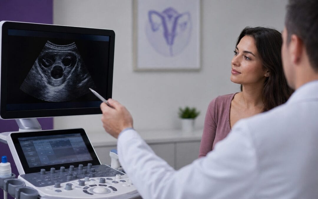 Paciente en consulta ginecológica observando una ecografía ovárica junto a un médico en Quito