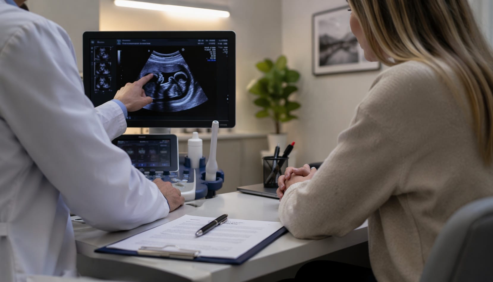 English-speaking gynecologist in Quito explaining an ultrasound to an international patient during a medical consultation