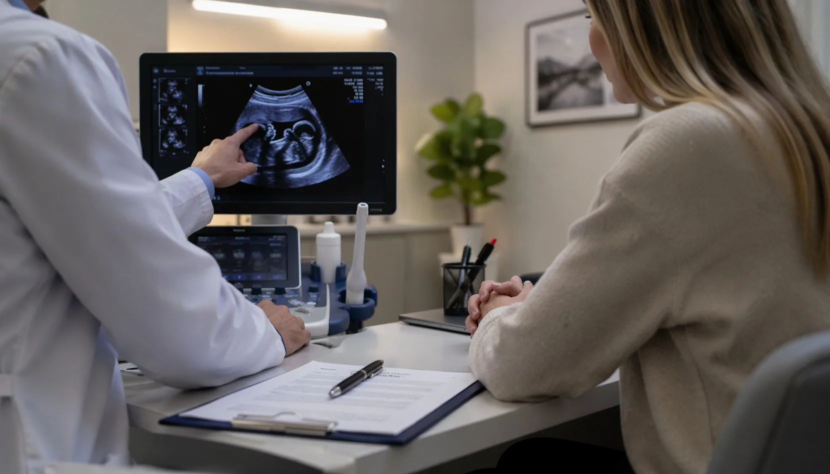 English-speaking gynecologist in Quito explaining an ultrasound to an international patient during a medical consultation