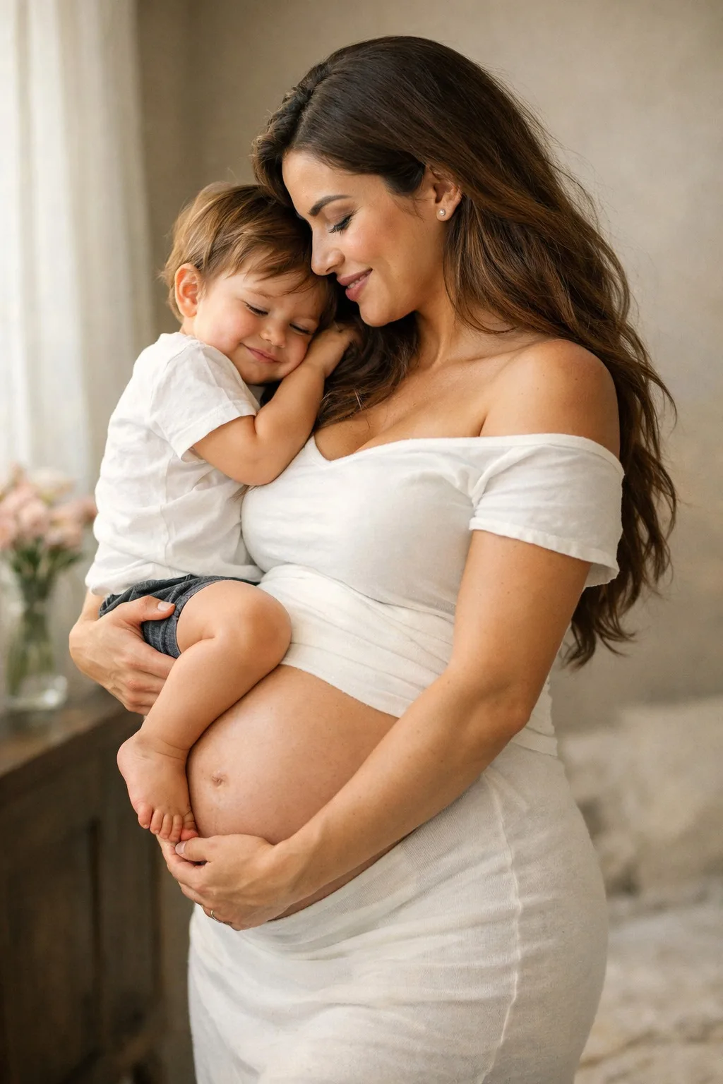 Madre embarazada sosteniendo a su bebé en brazos, en una escena cálida y emotiva que transmite amor, vínculo materno y esperanza.