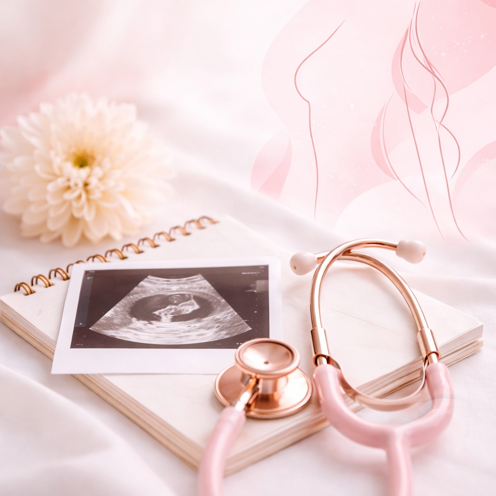 Imagen de salud femenina con ecografía, estetoscopio rosado y libreta en tonos suaves