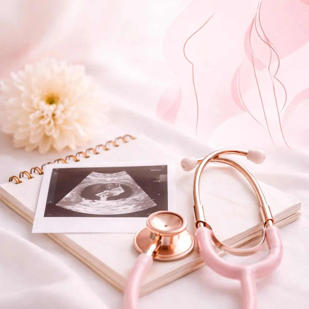 Imagen de salud femenina con ecografía, estetoscopio rosado y libreta en tonos suaves