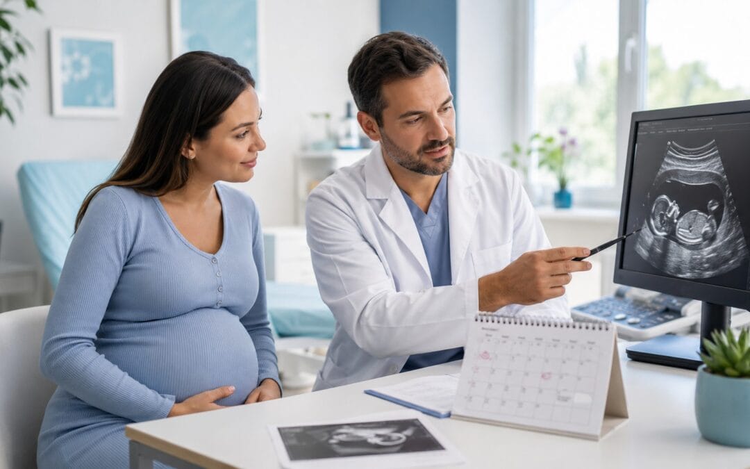 Médico ginecólogo explicando a una paciente embarazada la diferencia entre la FUM y la edad gestacional calculada por ecografía obstétrica.