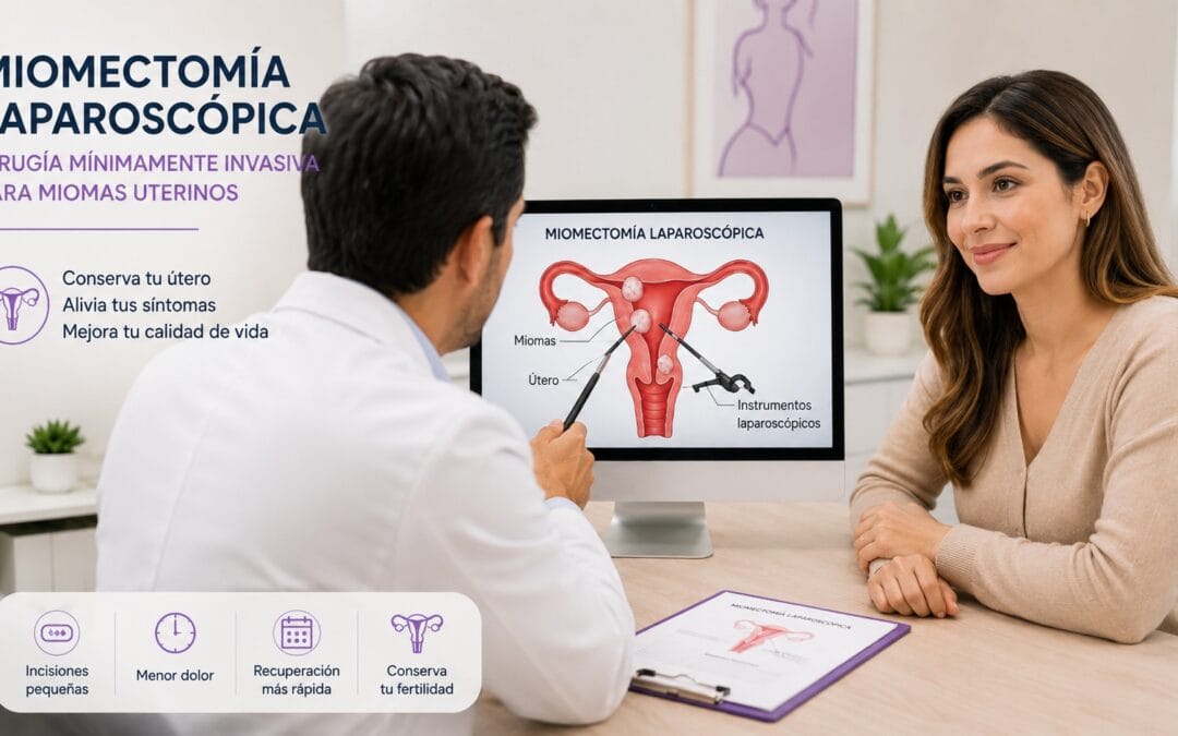 Paciente en consulta ginecológica recibiendo explicación médica sobre miomectomía laparoscópica para el tratamiento de miomas uterinos