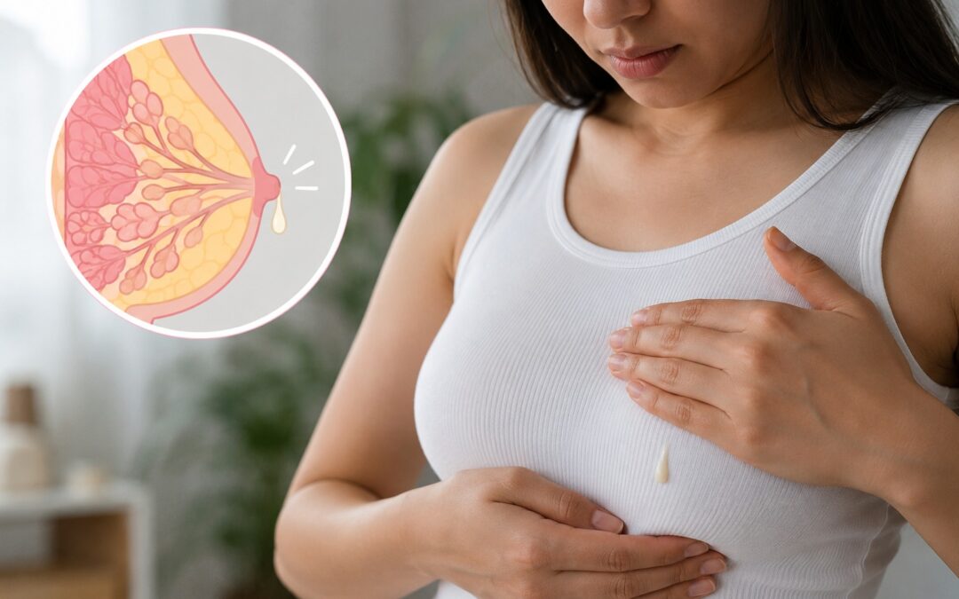 Mujer con salida de leche por el pezón y esquema médico sobre galactorrea en los senos